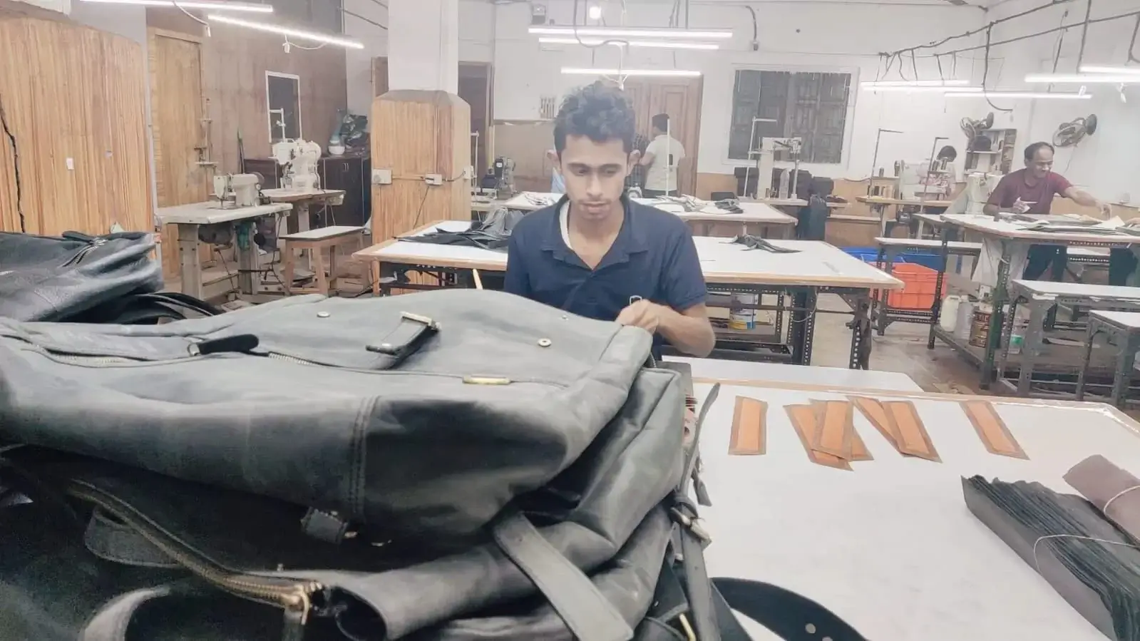 Tan leather bags production