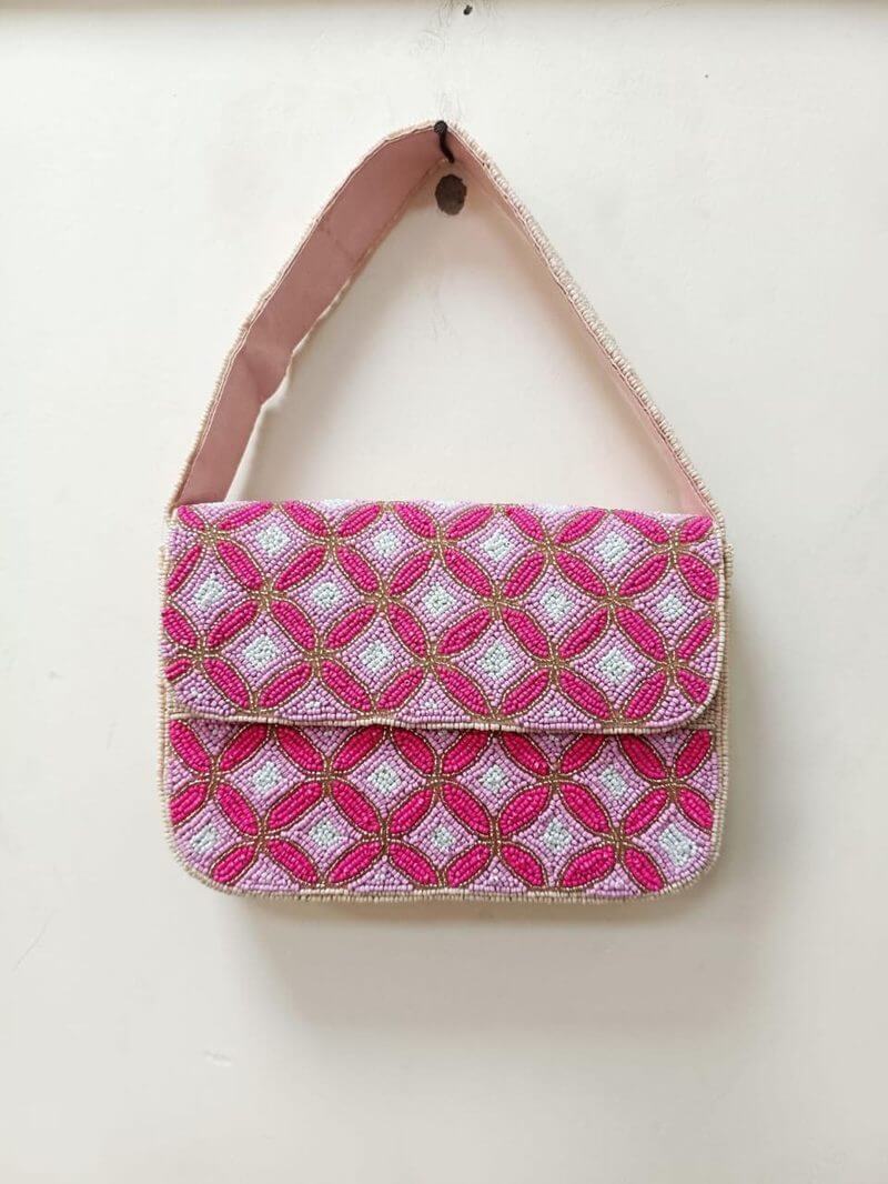 Pink Floral Beaded Flap Bag